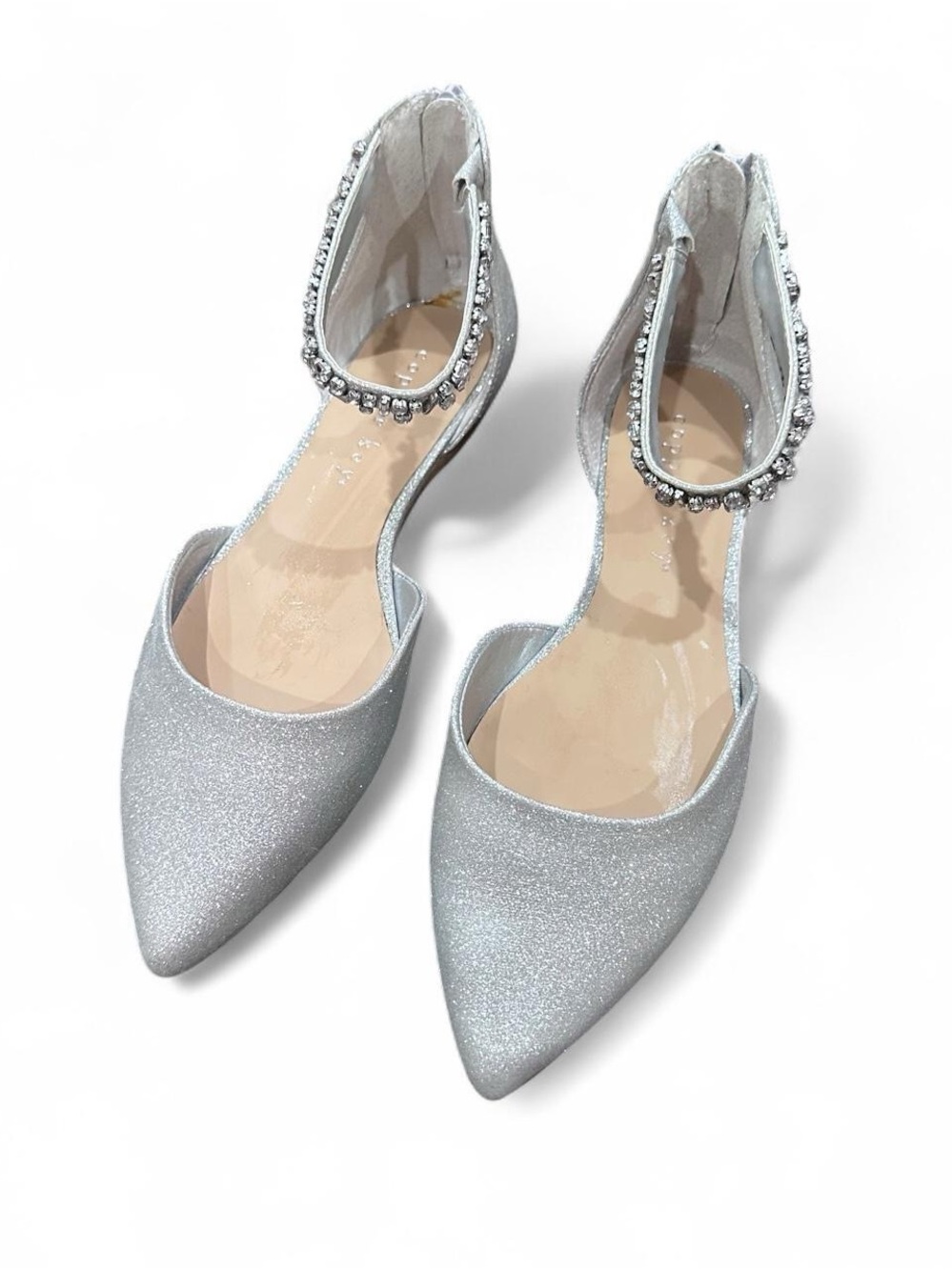 Copper Key Silver Glitter Pointed Toe Flats with Rhinestone Ankle Strap